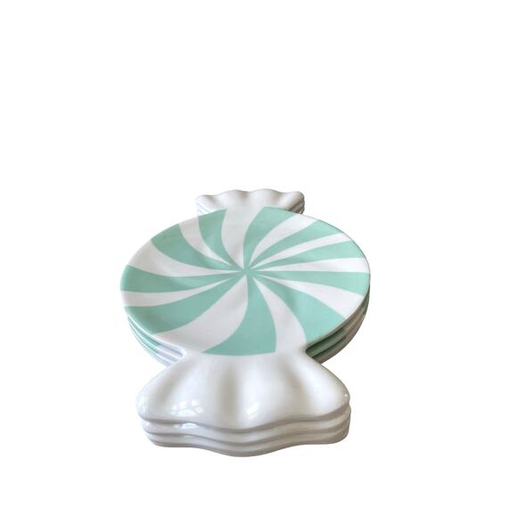 Peppermint Candy Shaped Appetizer Plate Set of 4 Holiday Mint & White Melamine - Picture 9 of 15